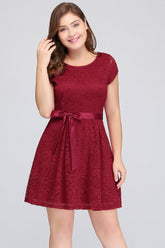 Plus Size A-Line Jewel Burgundy Lace Bridesmaid Dresses with Short Sleeves